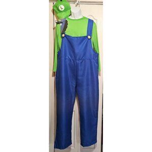 Luigi Costume Adult Super Mario Overalls Shirt Hat Mustache Green Plumber Large